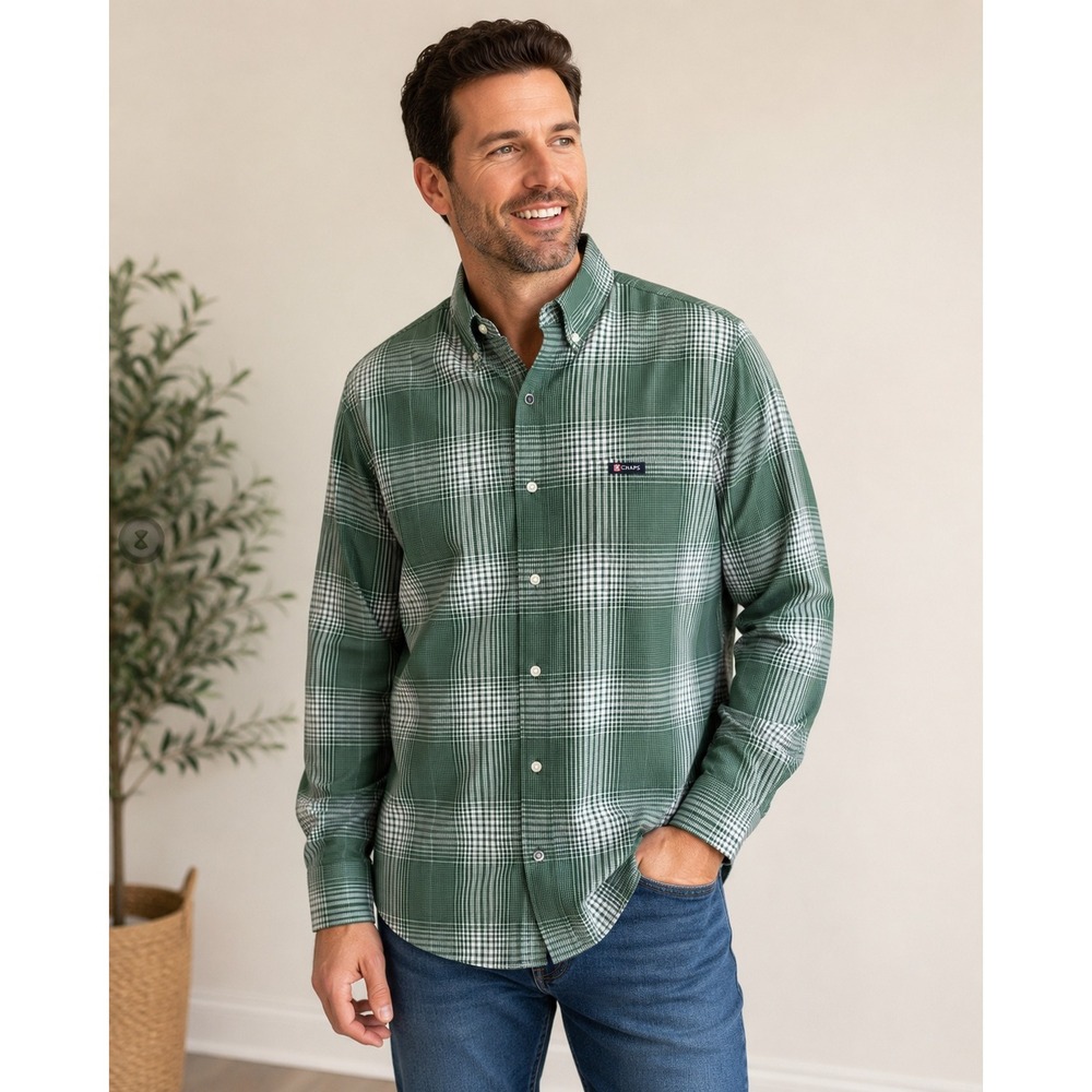 Chaps Men's XL Green White Plaid Button Down Long Sleeve Easy Care Cotton Shirt